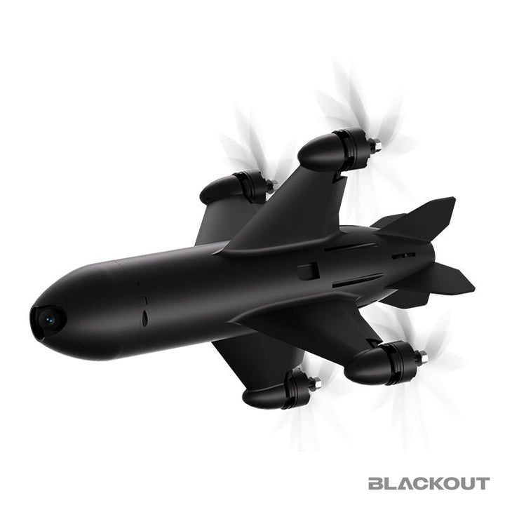 Blackout SkyReaper interceptor in flight attitude with spinning propellers