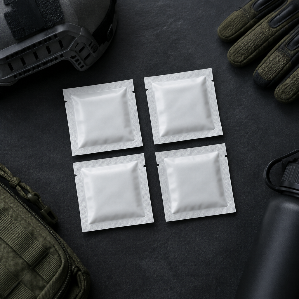 Concept image of four decontamination wipe sachets on a dark surface
