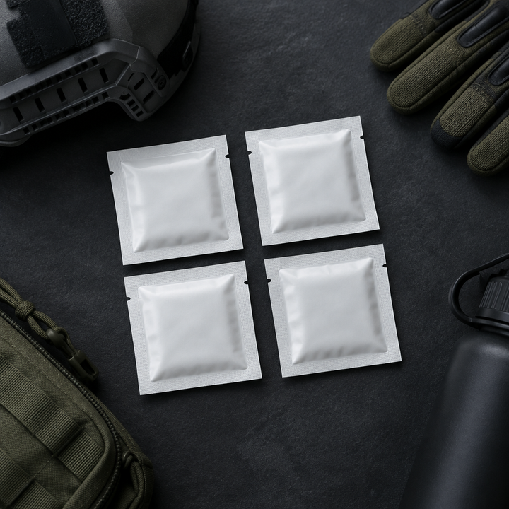Concept image of four decontamination wipe sachets on a dark surface