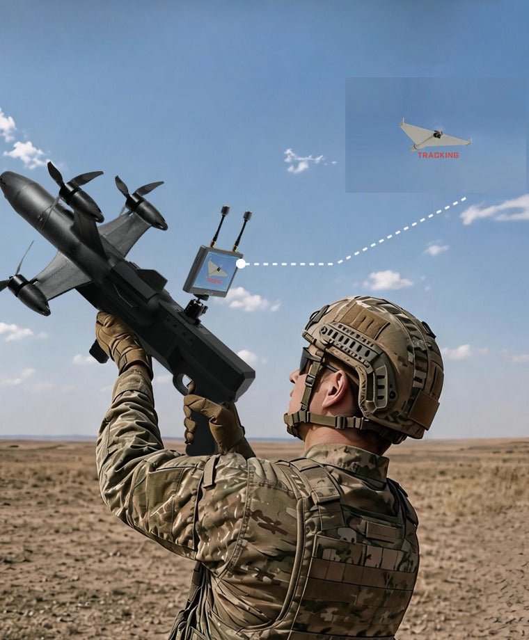Soldier aiming the ReaperRocket Beta-H07 interceptor from its handheld launcher with AI target tracking display