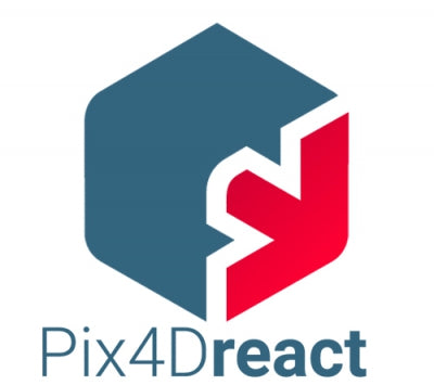 Pix4Dreact logo featuring stylized blue and white lettering with a drone icon above, symbolizing fast, efficient aerial mapping software for emergency response.